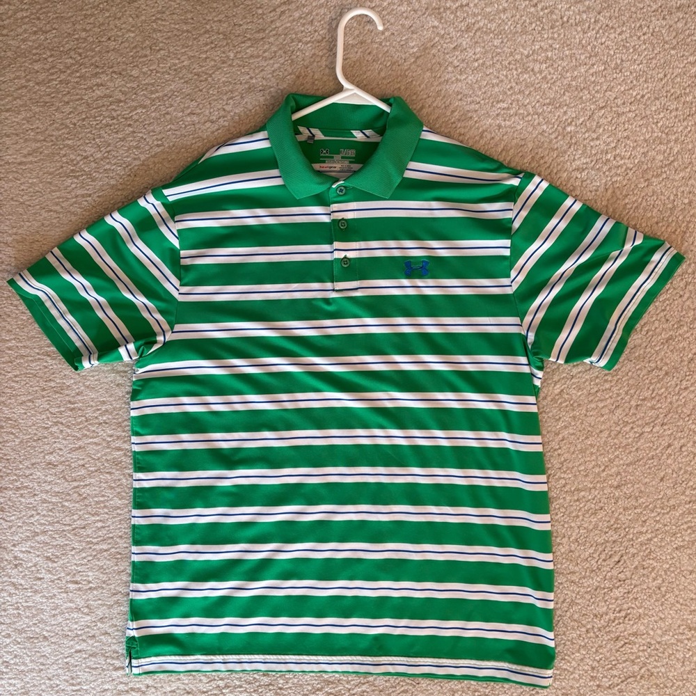 Under Armour Heat Gear Polo Shirt - Green and White with Blue Accents